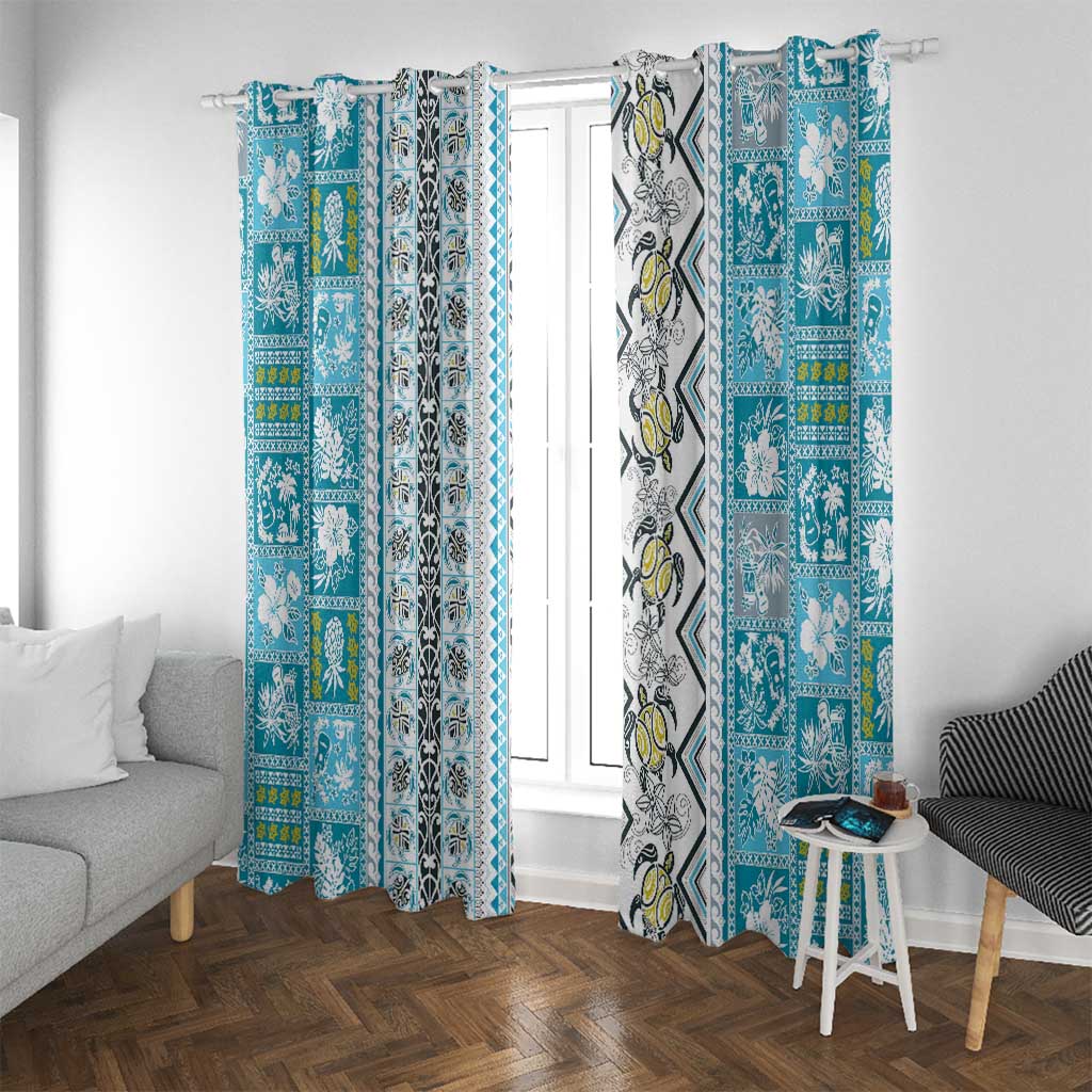 Hawaii Makahiki Turtle Window Curtain Blue Tapa Pattern - Polynesian Pride