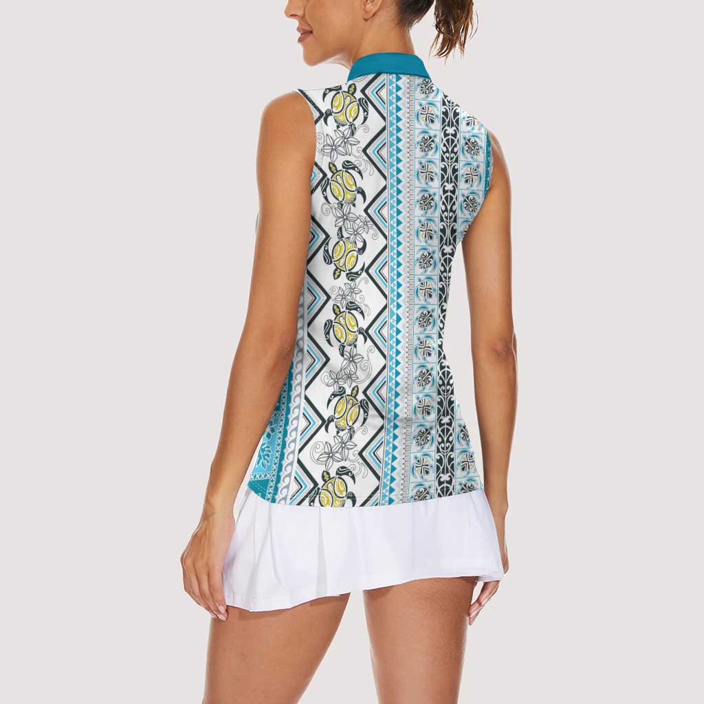 Hawaii Makahiki Turtle Women Sleeveless Polo Shirt Blue Tapa Pattern - Polynesian Pride