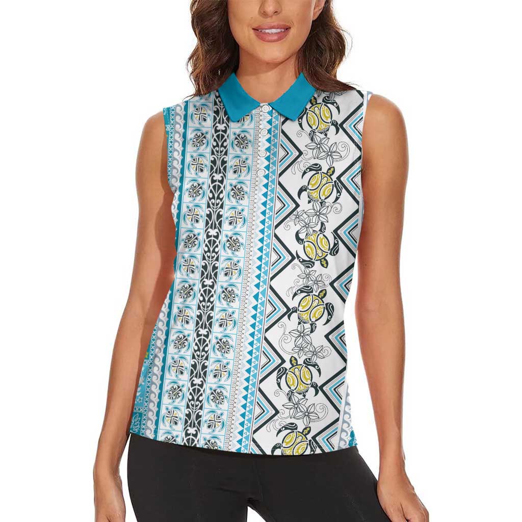 Hawaii Makahiki Turtle Women Sleeveless Polo Shirt Blue Tapa Pattern - Polynesian Pride