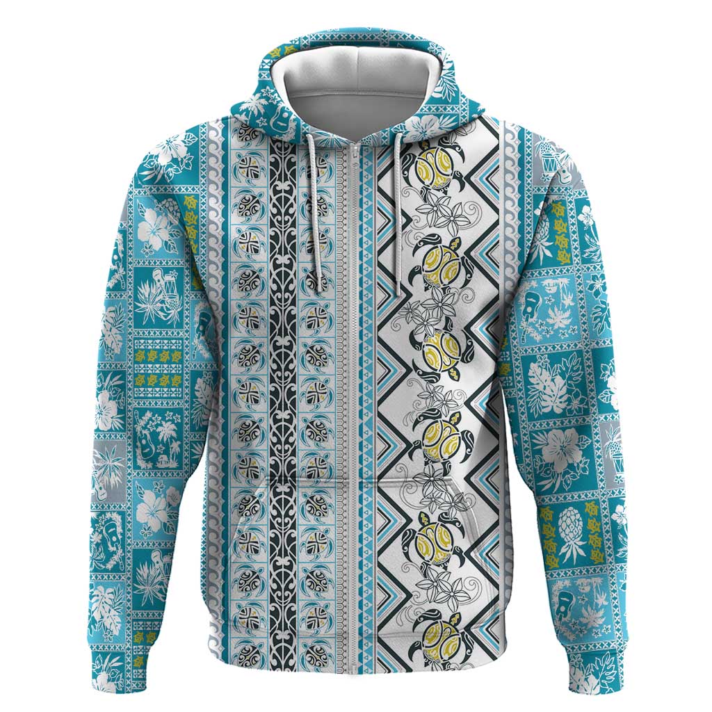 Hawaii Makahiki Turtle Zip Hoodie Blue Tapa Pattern - Polynesian Pride
