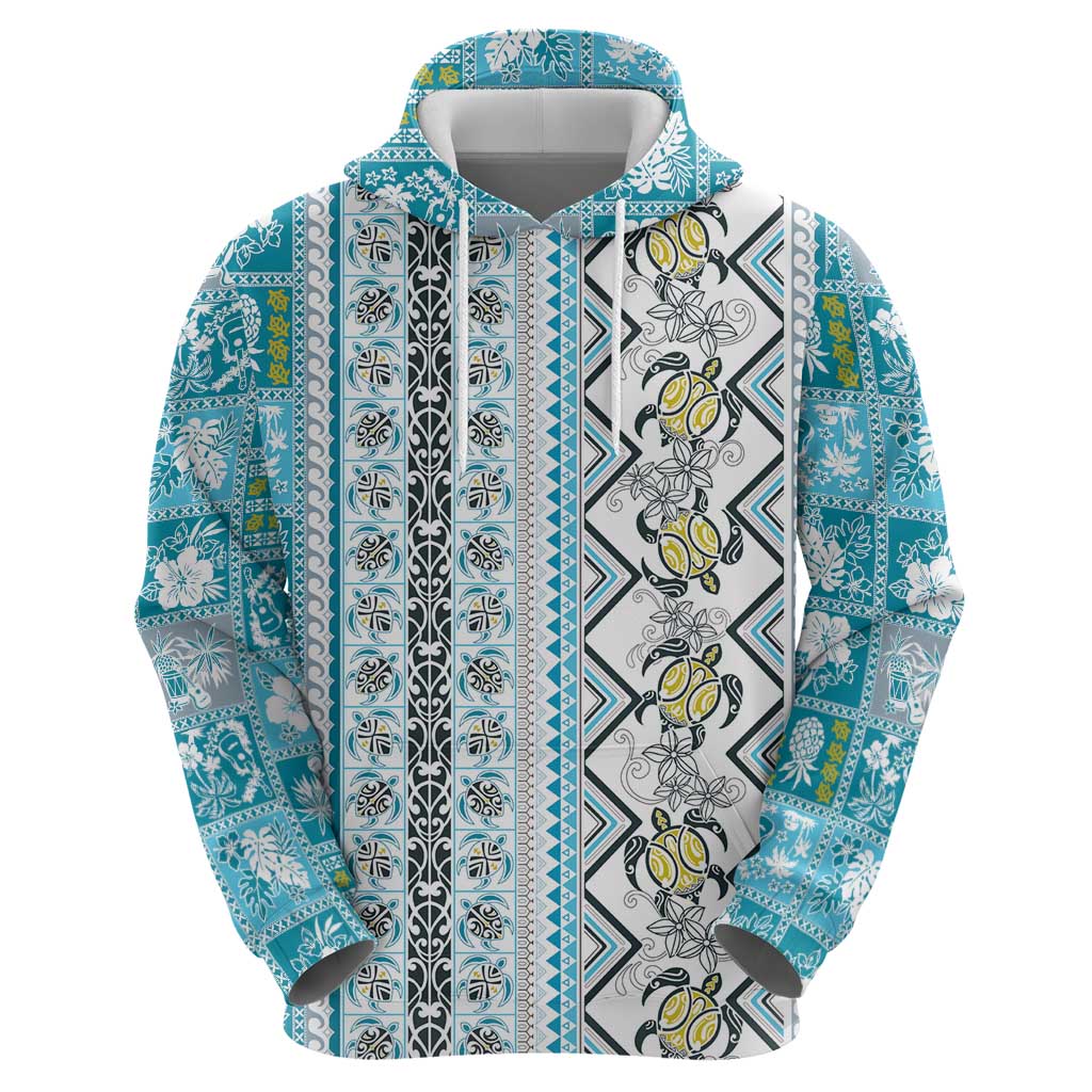 Hawaii Makahiki Turtle Zip Hoodie Blue Tapa Pattern - Polynesian Pride