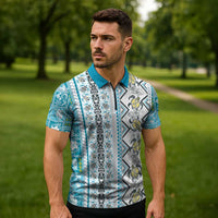 Hawaii Makahiki Turtle Zipper Polo Shirt Blue Tapa Pattern - Polynesian Pride