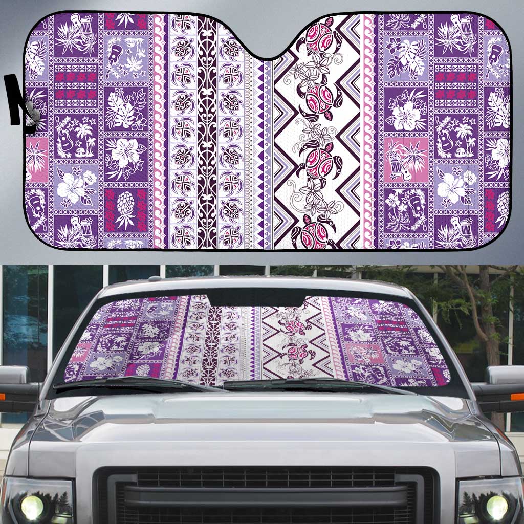 Hawaii Makahiki Turtle Auto Sun Shade Violet Tapa Pattern - Polynesian Pride