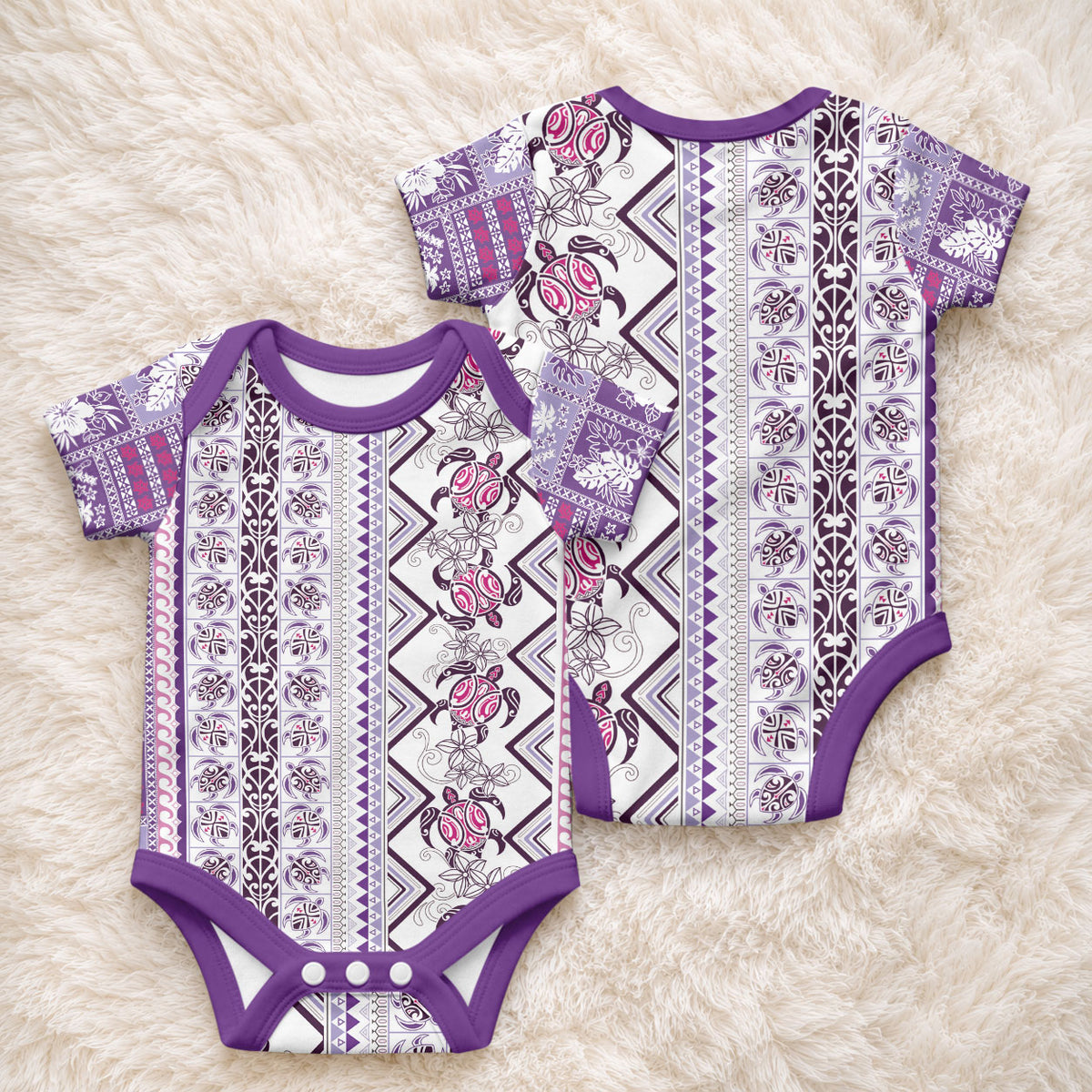 Hawaii Makahiki Turtle Baby Onesie Violet Tapa Pattern LT05 - Polynesian Pride