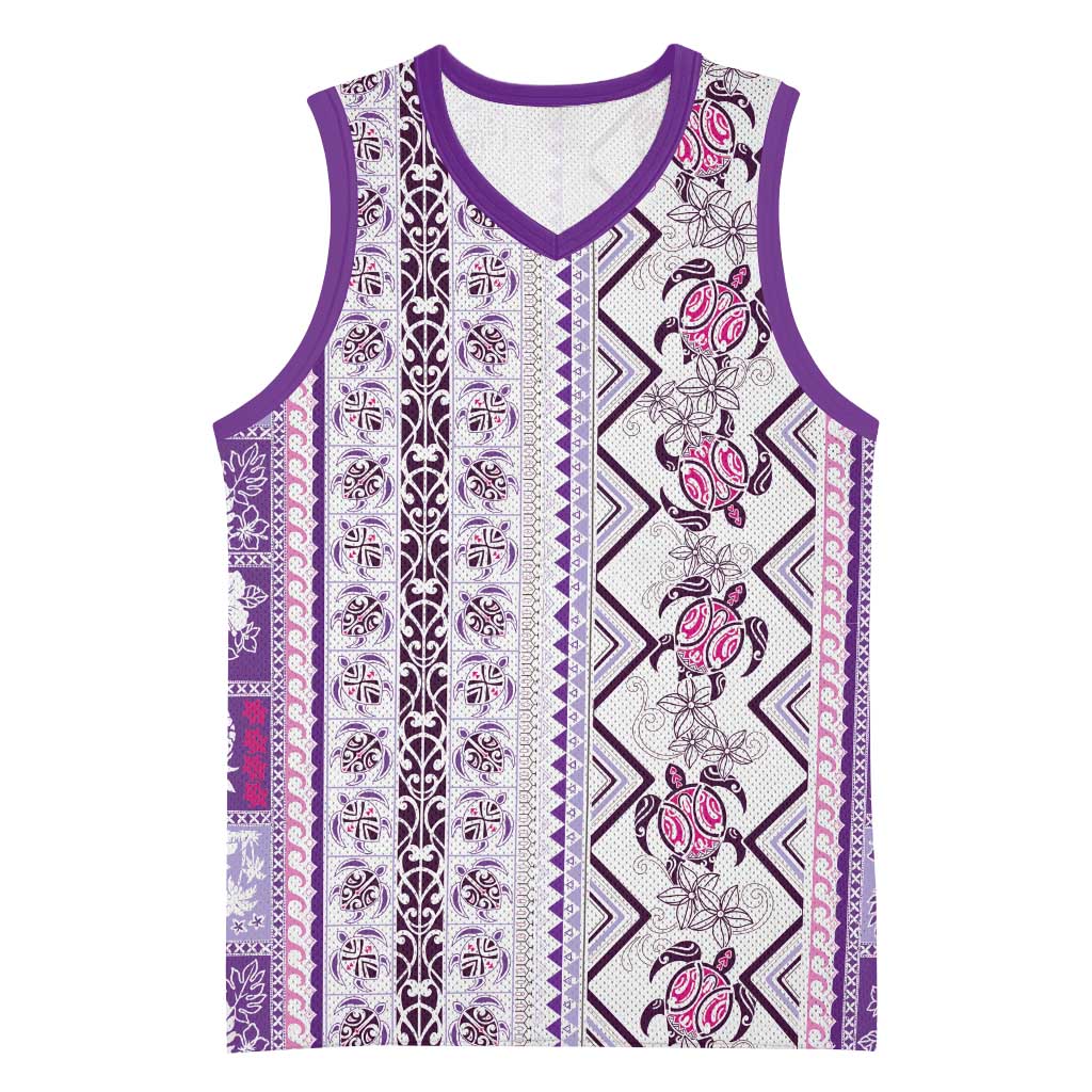 Hawaii Makahiki Turtle Basketball Jersey Violet Tapa Pattern - Polynesian Pride