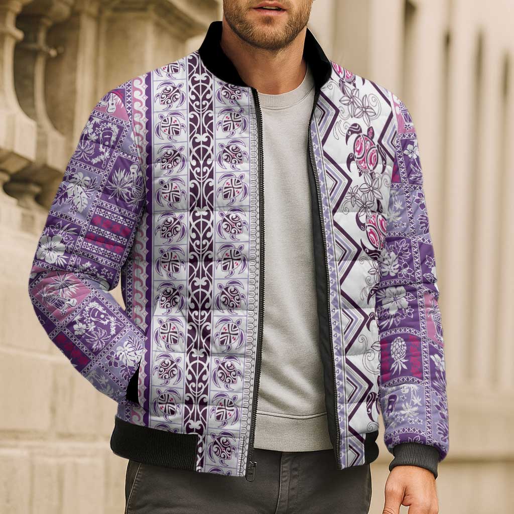 Hawaii Makahiki Turtle Bomber Puffer Jacket Violet Tapa Pattern - Polynesian Pride