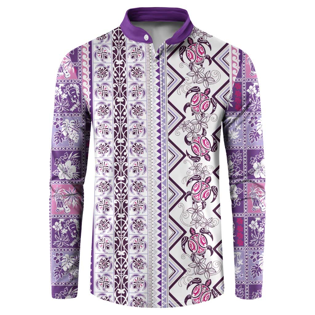 Hawaii Makahiki Turtle Button Sweatshirt Violet Tapa Pattern - Polynesian Pride