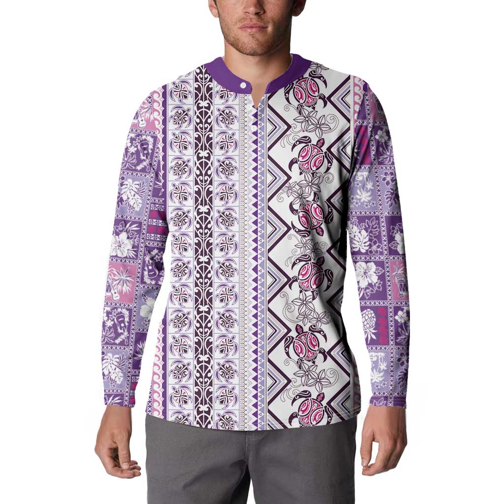 Hawaii Makahiki Turtle Button Sweatshirt Violet Tapa Pattern - Polynesian Pride