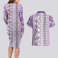 Hawaii Makahiki Turtle Couples Matching Long Sleeve Bodycon Dress and Hawaiian Shirt Violet Tapa Pattern - Polynesian Pride