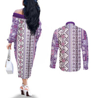 Hawaii Makahiki Turtle Couples Matching Off The Shoulder Long Sleeve Dress and Long Sleeve Button Shirt Violet Tapa Pattern - Polynesian Pride