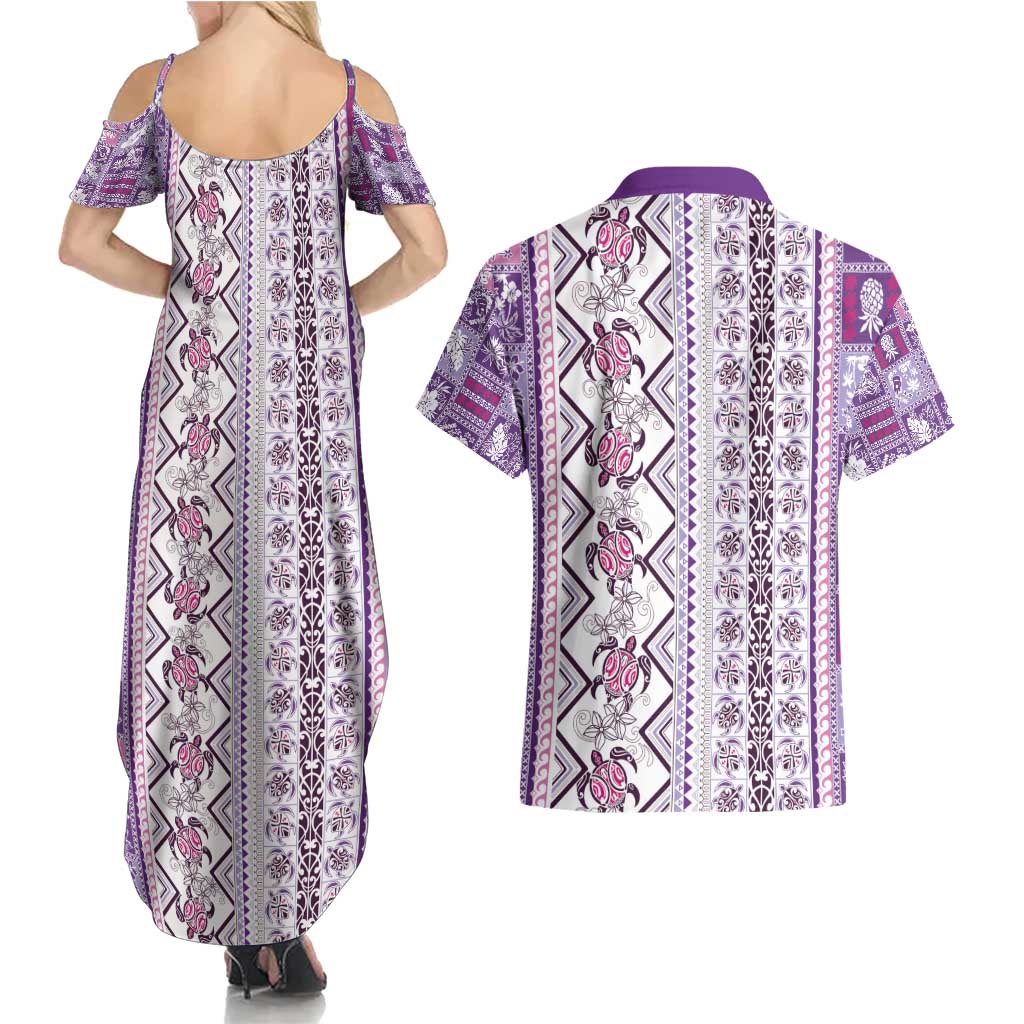 Hawaii Makahiki Turtle Couples Matching Summer Maxi Dress and Hawaiian Shirt Violet Tapa Pattern - Polynesian Pride