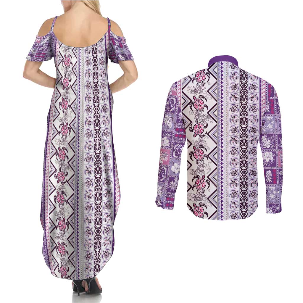 Hawaii Makahiki Turtle Couples Matching Summer Maxi Dress and Long Sleeve Button Shirt Violet Tapa Pattern - Polynesian Pride