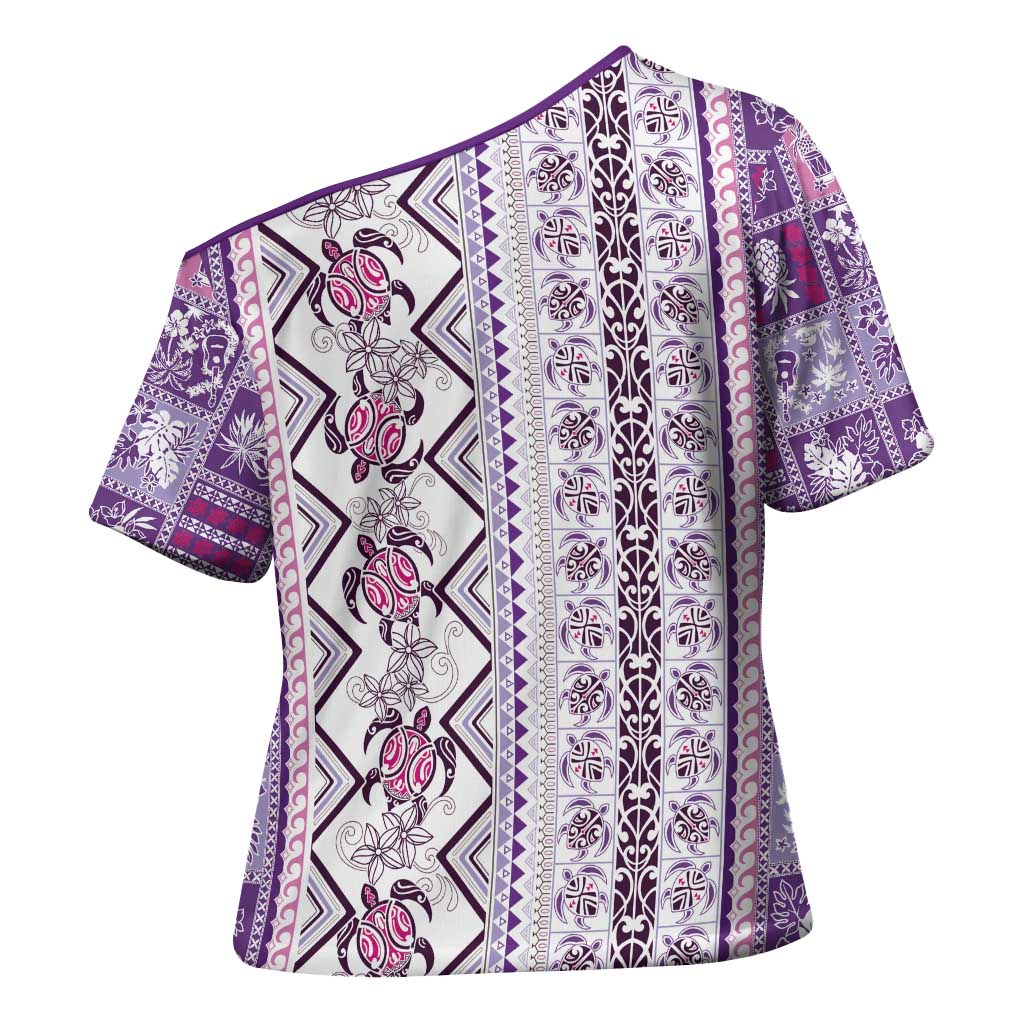 Hawaii Makahiki Turtle Cross Shoulder Shirt Violet Tapa Pattern - Polynesian Pride