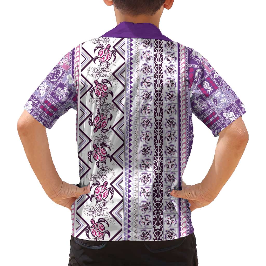 Hawaii Makahiki Turtle Family Matching Long Sleeve Bodycon Dress and Hawaiian Shirt Violet Tapa Pattern - Polynesian Pride