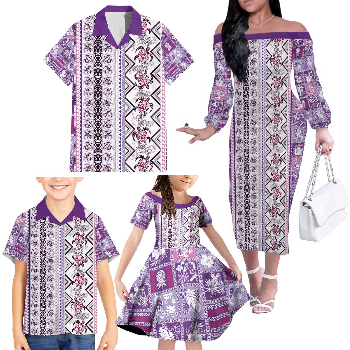 Hawaii Makahiki Turtle Family Matching Off The Shoulder Long Sleeve Dress and Hawaiian Shirt Violet Tapa Pattern - Polynesian Pride