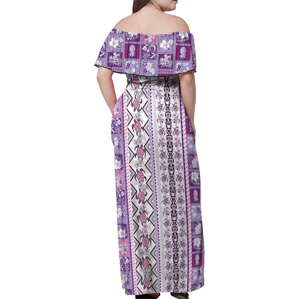 Hawaii Makahiki Turtle Family Matching Off Shoulder Maxi Dress and Hawaiian Shirt Violet Tapa Pattern - Polynesian Pride