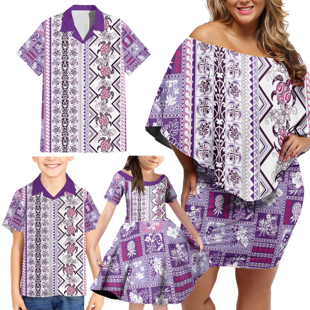 Hawaii Makahiki Turtle Family Matching Off Shoulder Short Dress and Hawaiian Shirt Violet Tapa Pattern - Polynesian Pride