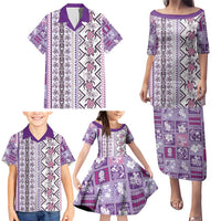 Hawaii Makahiki Turtle Family Matching Puletasi and Hawaiian Shirt Violet Tapa Pattern - Polynesian Pride