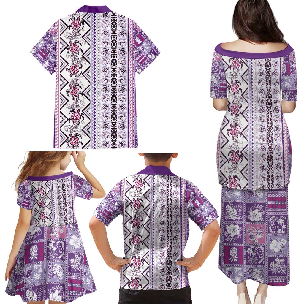 Hawaii Makahiki Turtle Family Matching Puletasi and Hawaiian Shirt Violet Tapa Pattern - Polynesian Pride