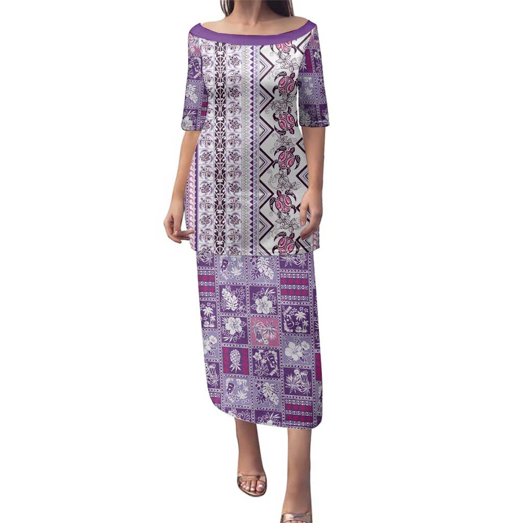 Hawaii Makahiki Turtle Family Matching Puletasi and Hawaiian Shirt Violet Tapa Pattern - Polynesian Pride