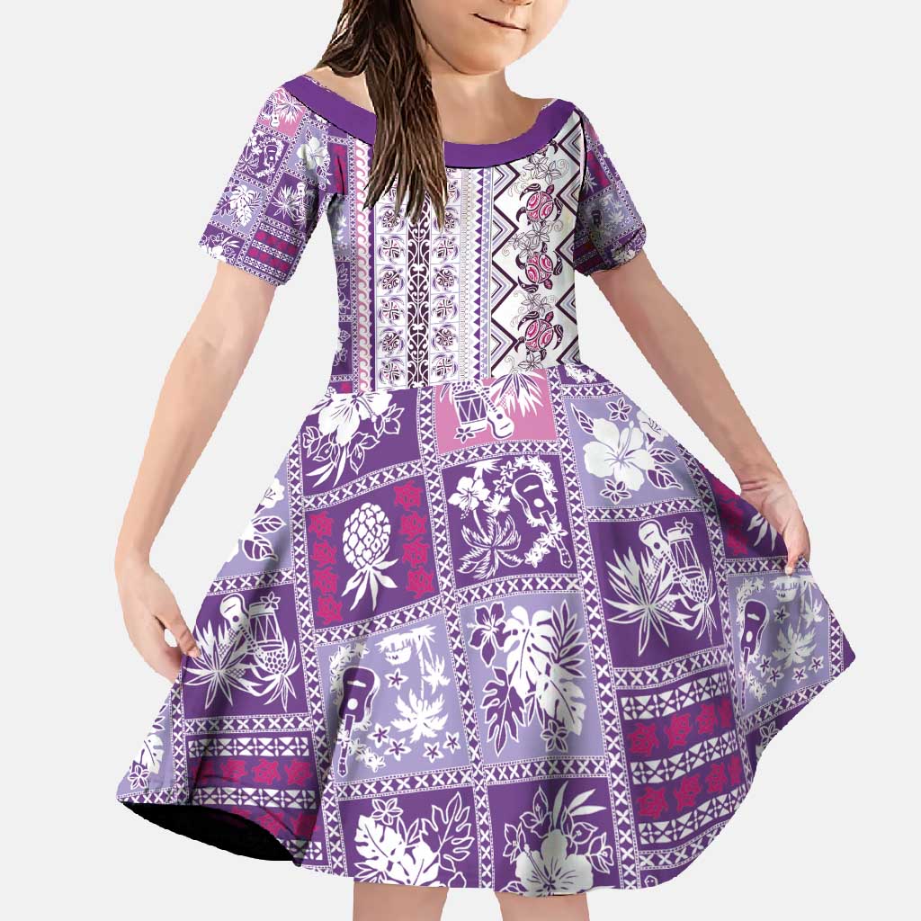 Hawaii Makahiki Turtle Family Matching Short Sleeve Bodycon Dress and Hawaiian Shirt Violet Tapa Pattern - Polynesian Pride