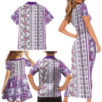 Hawaii Makahiki Turtle Family Matching Short Sleeve Bodycon Dress and Hawaiian Shirt Violet Tapa Pattern - Polynesian Pride