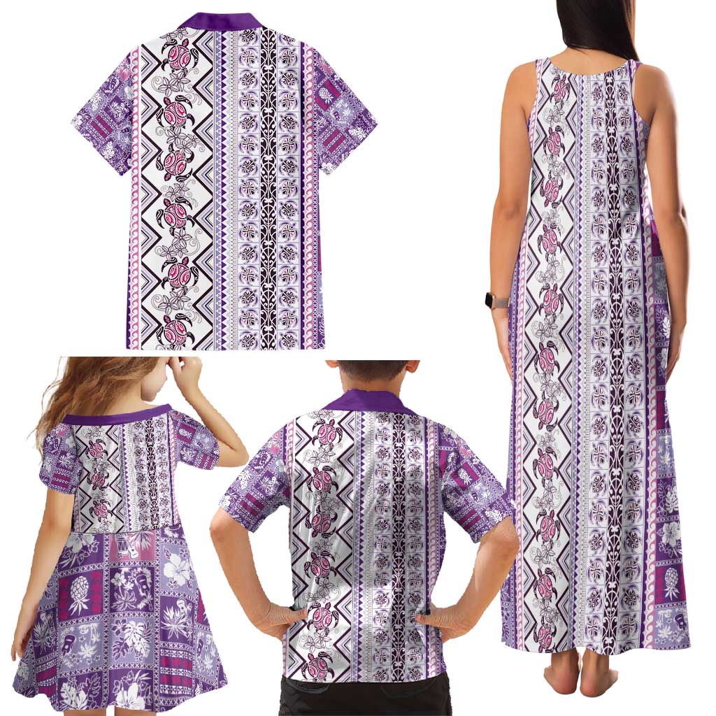 Hawaii Makahiki Turtle Family Matching Tank Maxi Dress and Hawaiian Shirt Violet Tapa Pattern - Polynesian Pride
