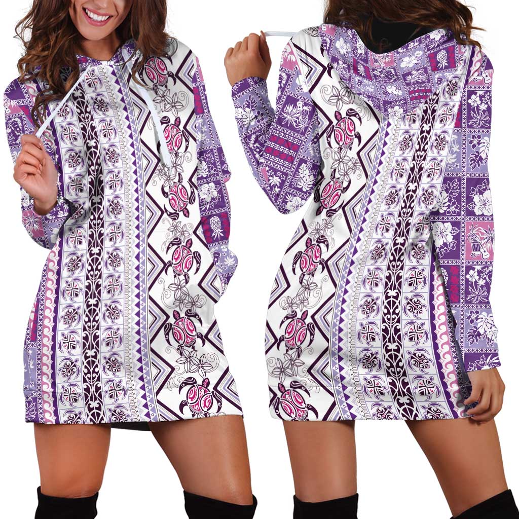 Hawaii Makahiki Turtle Hoodie Dress Violet Tapa Pattern - Polynesian Pride