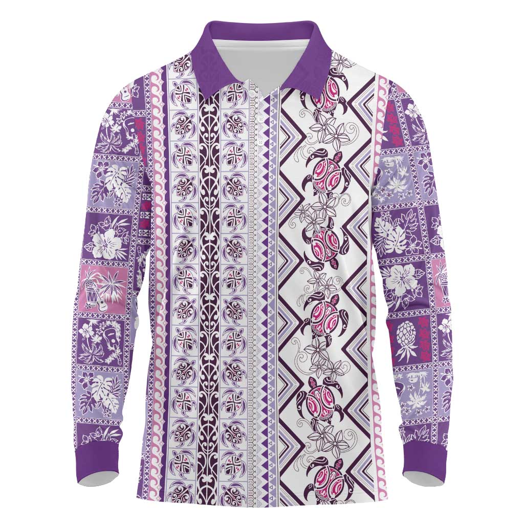 Hawaii Makahiki Turtle Long Sleeve Polo Shirt Violet Tapa Pattern - Polynesian Pride