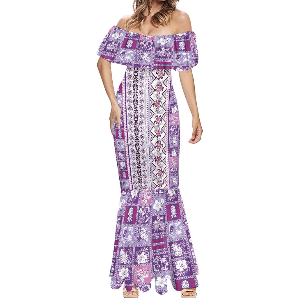 Hawaii Makahiki Turtle Mermaid Dress Violet Tapa Pattern - Polynesian Pride