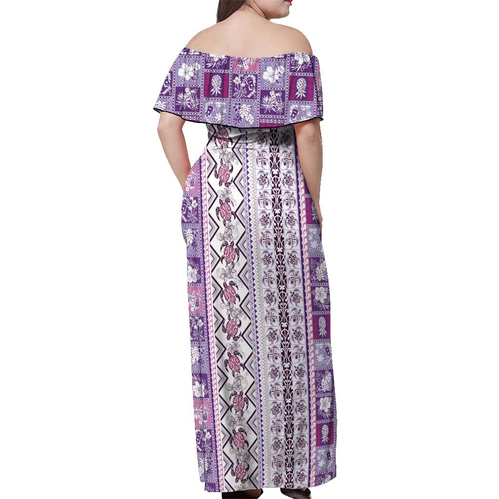 Hawaii Makahiki Turtle Off Shoulder Maxi Dress Violet Tapa Pattern - Polynesian Pride