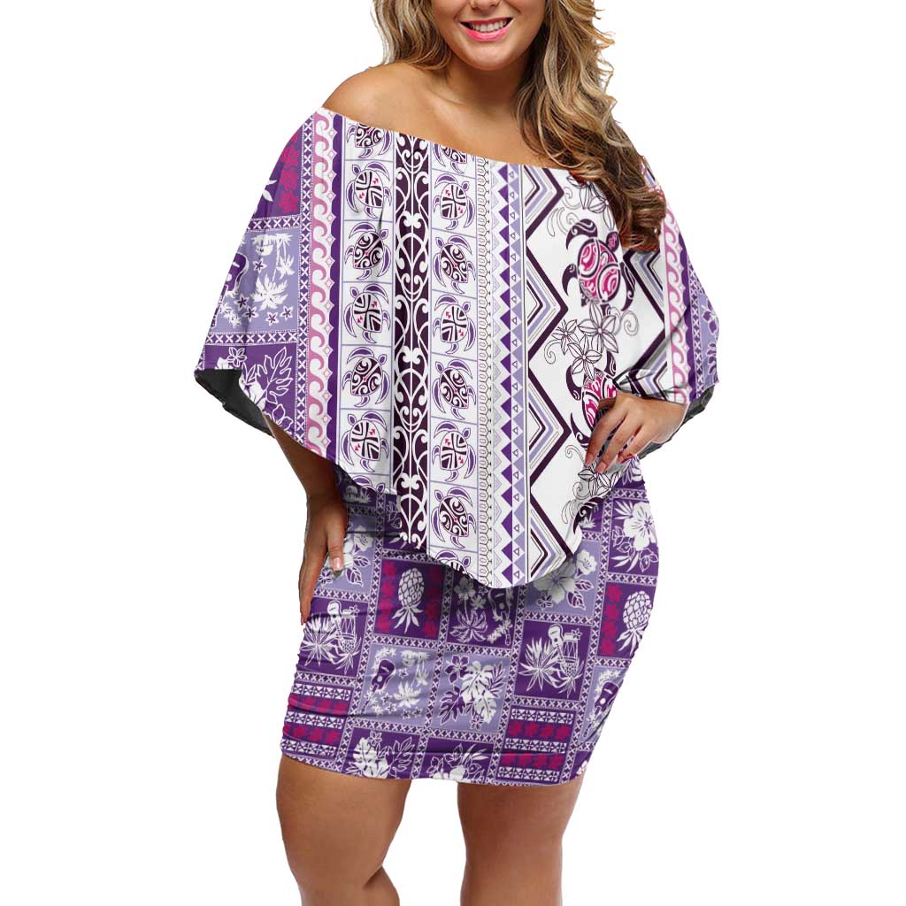 Hawaii Makahiki Turtle Off Shoulder Short Dress Violet Tapa Pattern - Polynesian Pride