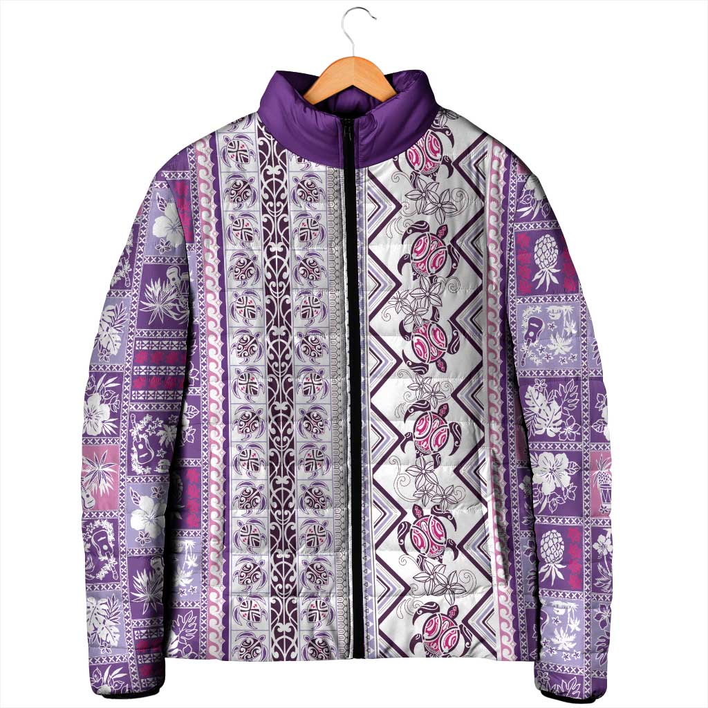 Hawaii Makahiki Turtle Padded Jacket Violet Tapa Pattern - Polynesian Pride