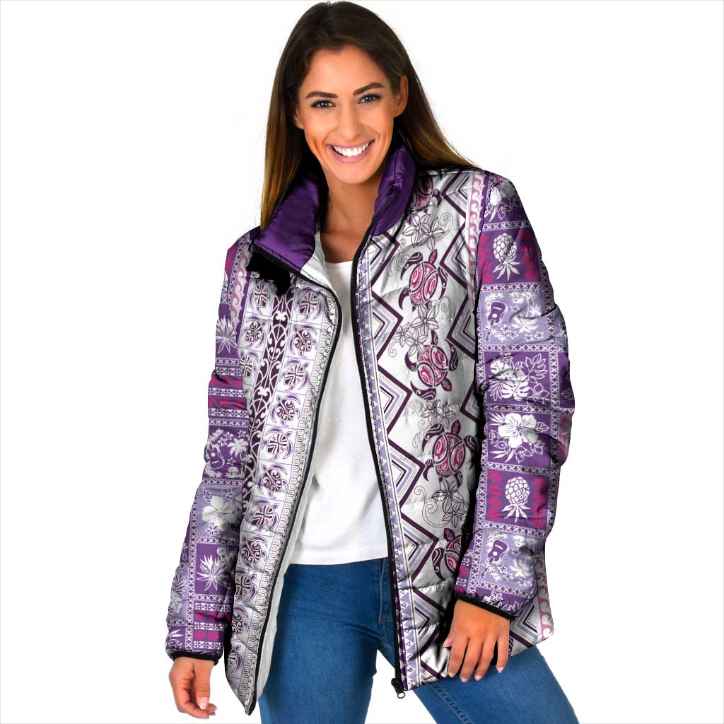 Hawaii Makahiki Turtle Padded Jacket Violet Tapa Pattern - Polynesian Pride