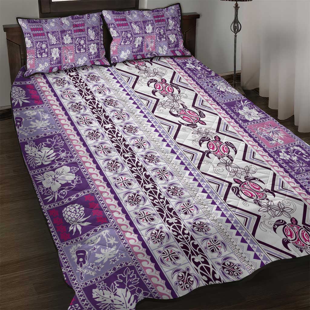 Hawaii Makahiki Turtle Quilt Bed Set Violet Tapa Pattern - Polynesian Pride