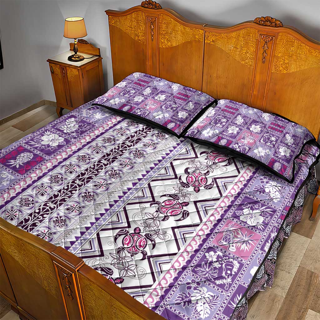 Hawaii Makahiki Turtle Quilt Bed Set Violet Tapa Pattern - Polynesian Pride
