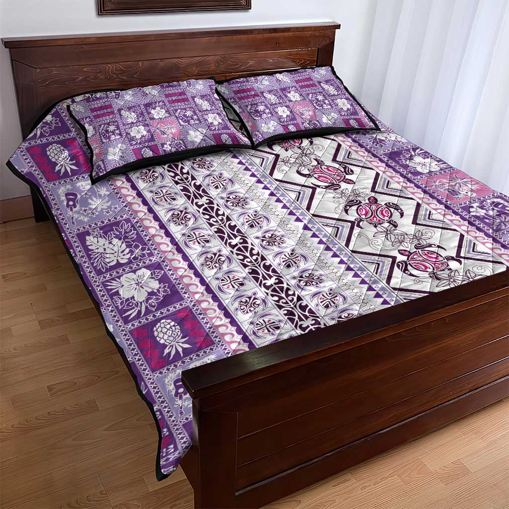 Hawaii Makahiki Turtle Quilt Bed Set Violet Tapa Pattern - Polynesian Pride