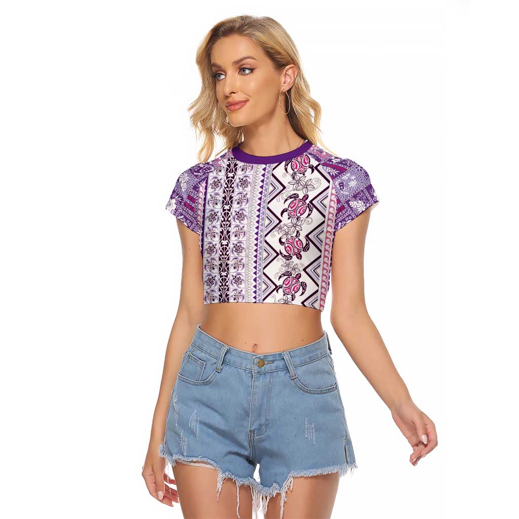 Hawaii Makahiki Turtle Raglan Cropped T Shirt Violet Tapa Pattern - Polynesian Pride