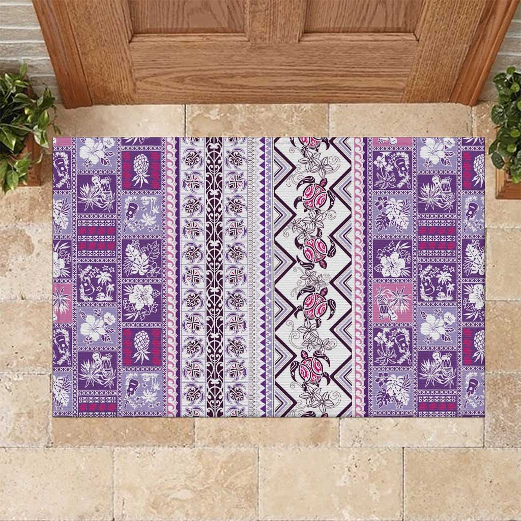 Hawaii Makahiki Turtle Rubber Doormat Violet Tapa Pattern - Polynesian Pride