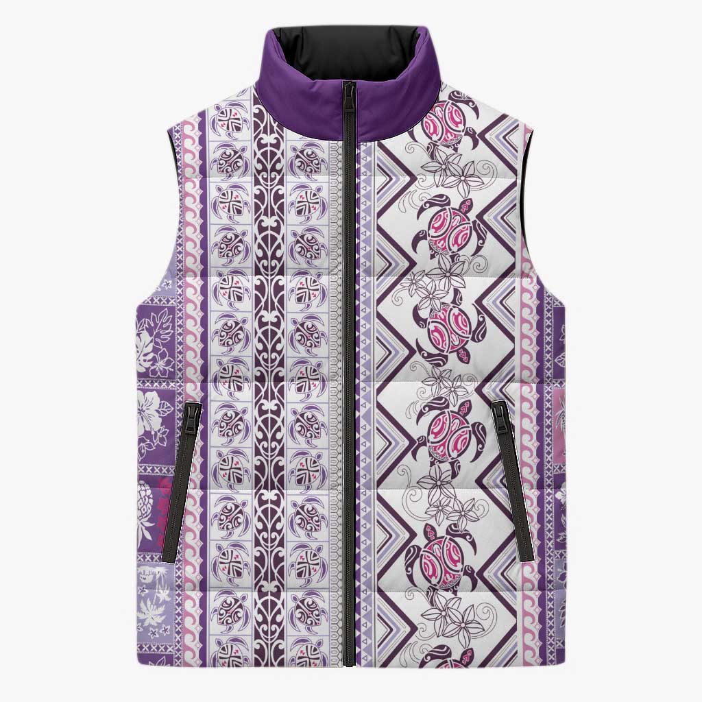 Hawaii Makahiki Turtle Sleeveless Puffer Jacket Violet Tapa Pattern - Polynesian Pride