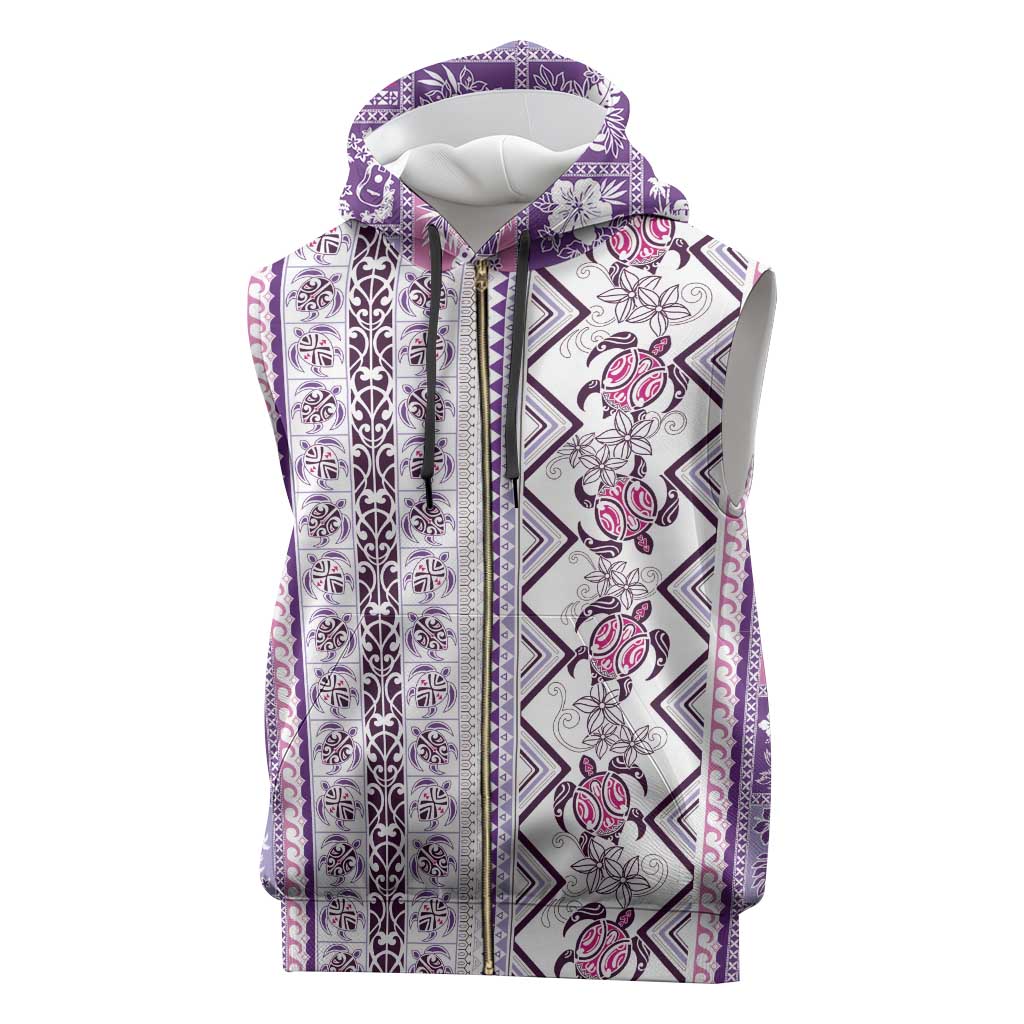 Hawaii Makahiki Turtle Sleeveless Zip Hoodie Violet Tapa Pattern - Polynesian Pride