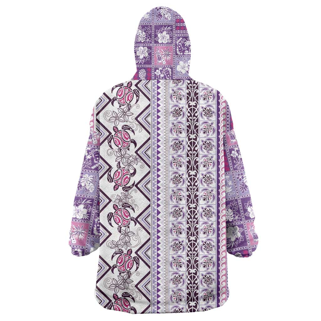 Hawaii Makahiki Turtle Wearable Blanket Hoodie Violet Tapa Pattern - Polynesian Pride