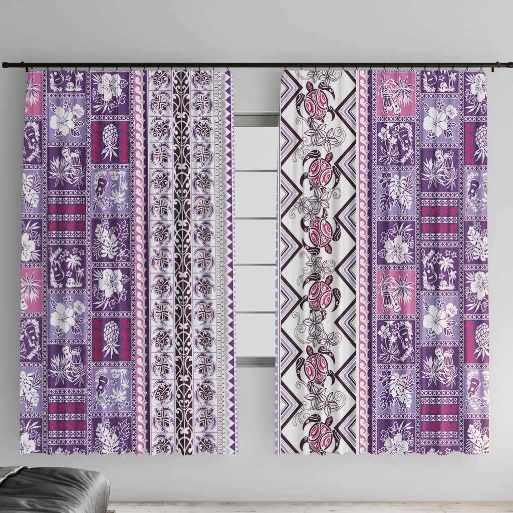 Hawaii Makahiki Turtle Window Curtain Violet Tapa Pattern - Polynesian Pride