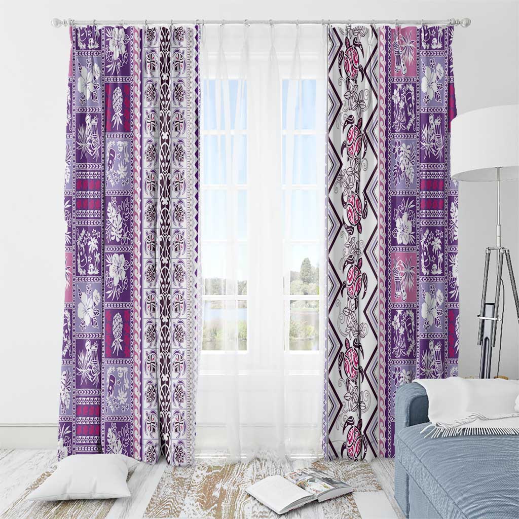 Hawaii Makahiki Turtle Window Curtain Violet Tapa Pattern - Polynesian Pride