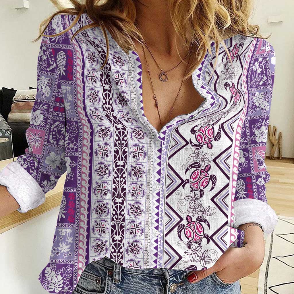Hawaii Makahiki Turtle Women Casual Shirt Violet Tapa Pattern - Polynesian Pride