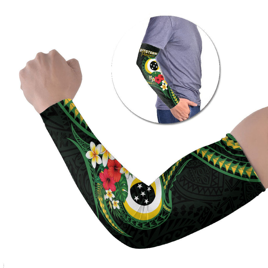 Solomon Islands Western Province Arm Sleeves Polynesian Pattern With Tropical Flowers LT05 Set of 2 Green - Polynesian Pride