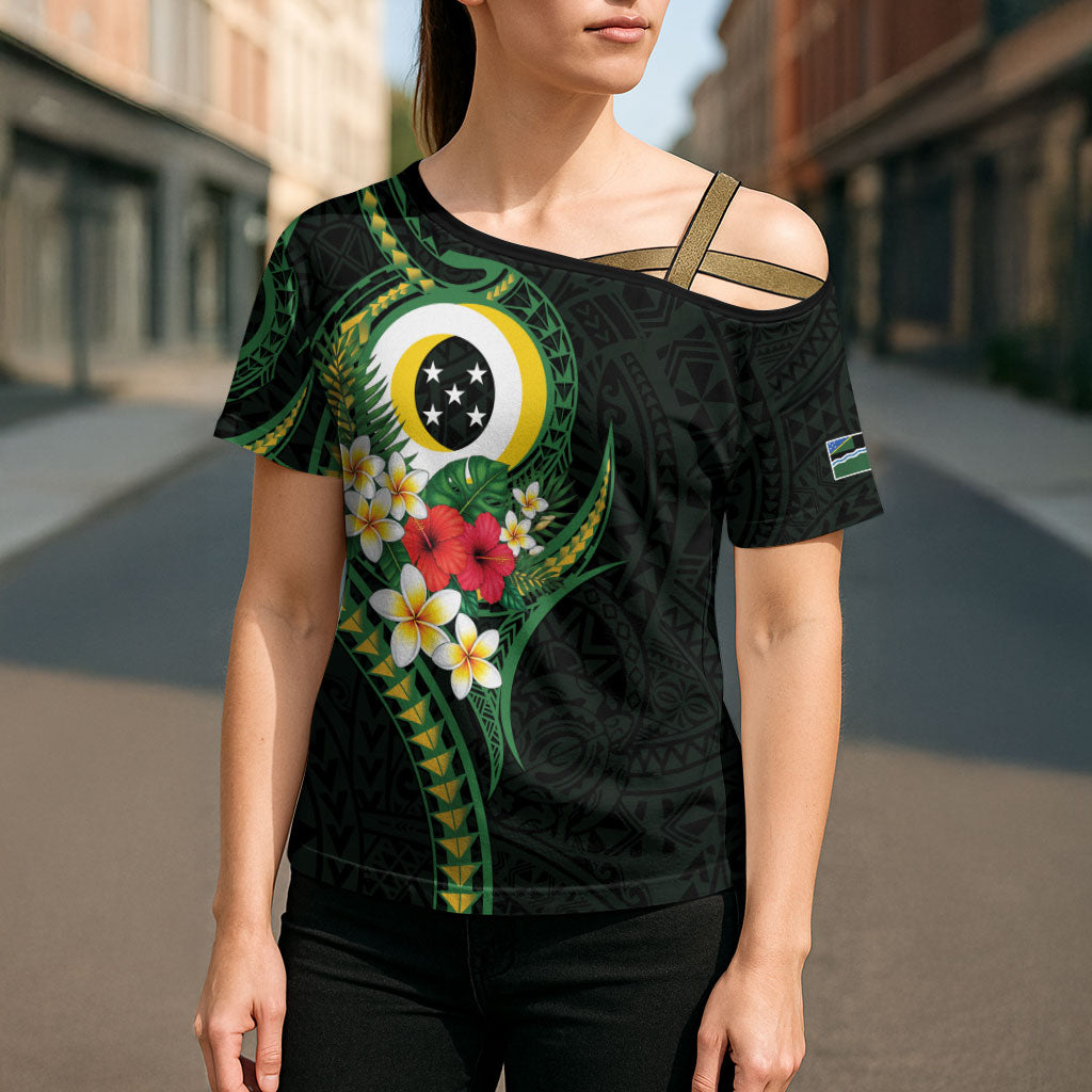 Solomon Islands Western Province Cross Shoulder Shirt Polynesian Pattern With Tropical Flowers LT05 - Polynesian Pride