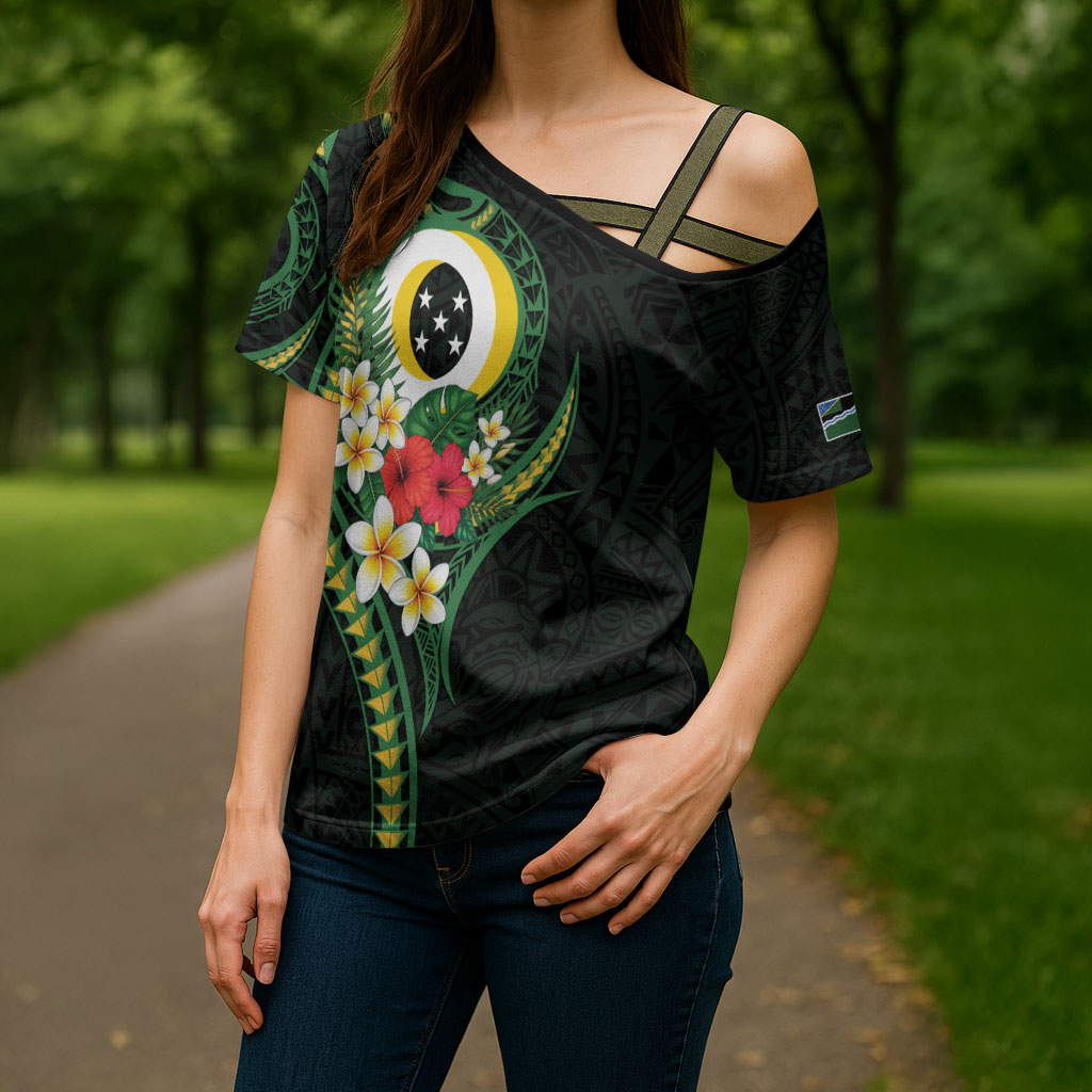 Solomon Islands Western Province Cross Shoulder Shirt Polynesian Pattern With Tropical Flowers LT05 - Polynesian Pride