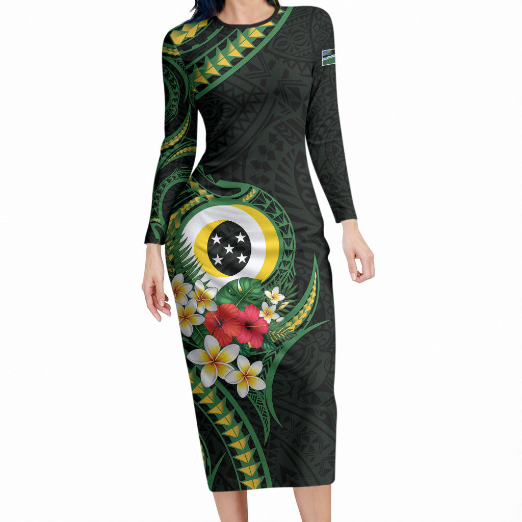 Solomon Islands Western Province Long Sleeve Bodycon Dress Polynesian Pattern With Tropical Flowers