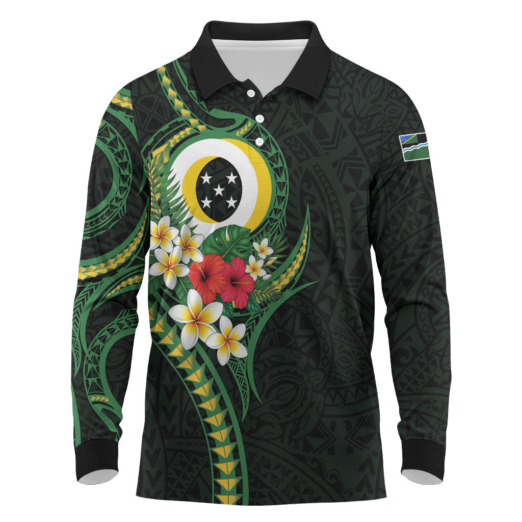 Solomon Islands Western Province Long Sleeve Polo Shirt Polynesian Pattern With Tropical Flowers LT05 Green - Polynesian Pride